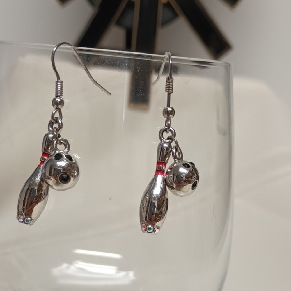 Dangle Silver Tone Bowling Pin/Ball Earrings